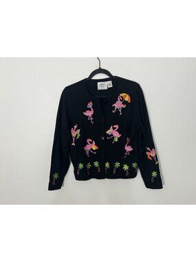 Emma Tricot Black Embroidered Flamingo Cardigan Size Small